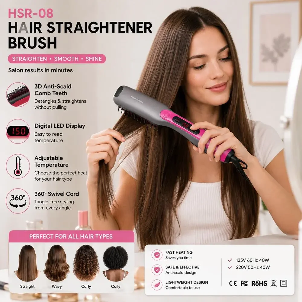 HSR-08 Hair Straightener Brush with LCD Temperature Display- Gray/Pink